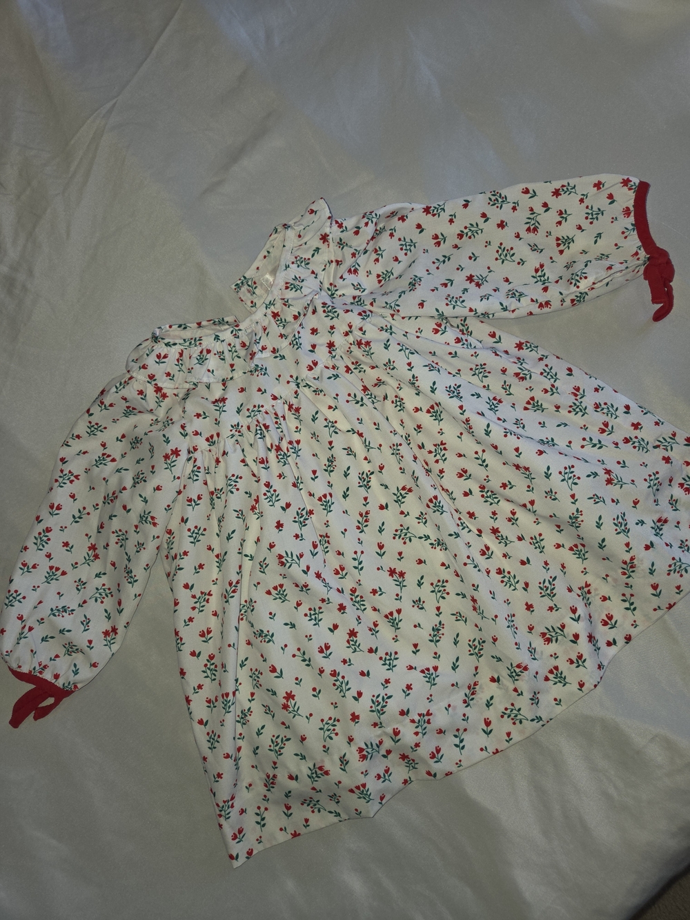 White Floral Dress With Red Tie Details -18M